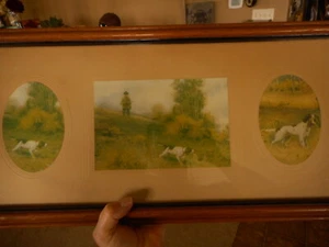 Antique Hunting Dog Print Hand Colored Photo ? re framed recently 24" x 11" - Picture 1 of 10