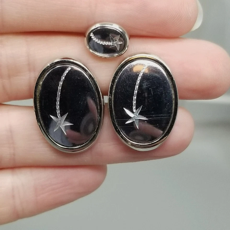 Juego de pasadores de corbata de gemelos grabados estrella fugaz vintage tono plata celeste Foto 1 de 4