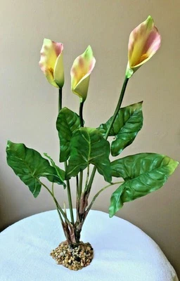 XL 16 in. Cremoso Amarillo y Rosa CALLA LILY Flor Suave Acuario Planta, Piedra Base Foto 1 de 3