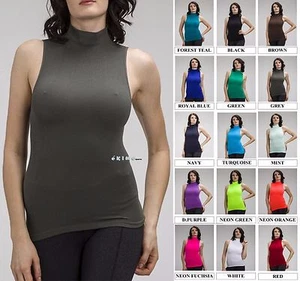 Women Sleeveless Mock Neck Shirt Turtleneck Tank Top Stretch Slim Fit Tee Shirt - Picture 1 of 23