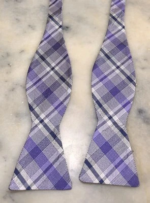 Black Brown 100% Silk Purple Plaid Self Tie Adjustable Bow Tie - Image 1 of 4