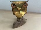 Vintage Metal Owl on Wood MCM Figurine Copper Brass Brutalist Rustic Art