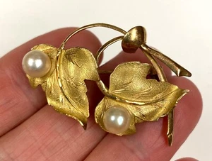 Vintage schwere 18K Gelbgold signierte 750 Blätter echte Perlen Anstecknadel Brosche 6,88gr - Bild 1 von 12