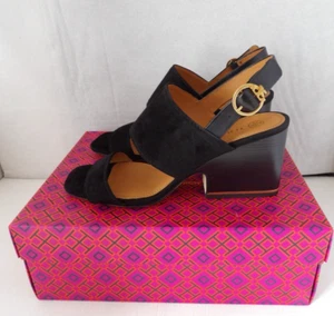 Neu im Karton authentisch Tory Burch Selby 75 mm schwarz Seide Wildleder Blockabsatz Sandale Größe 9 M - Bild 1 von 12
