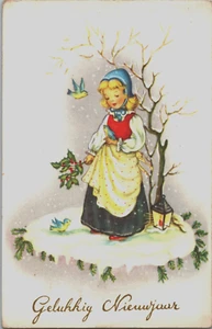 Happy New Year Lovely Girl with Birds and a Mistletoe Vintage Postcard B133 - Picture 1 of 2