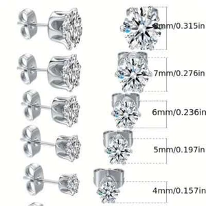 6Pair Surgical Steel Cubic Zircon 3/4/5/6/7/8mm Solitaire Men Women Stud Earring - Picture 1 of 16