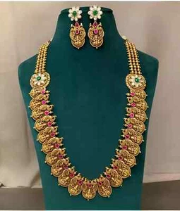 South Indian Bollywood Gold Plated Bridal Temple Necklace Earrings Jewelry Set - Picture 1 of 6