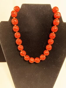 RARE Vintage Chinese Carved Red Cinnabar 23 Bead Necklace Gold Filled Clasp - Picture 1 of 7