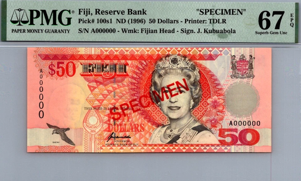 Fiji 50 Dollars 1996 " SPECIMEN " PMG 67 EPQ SUPERB GEM UNC Pick # 100s1 - Image 1 of 3