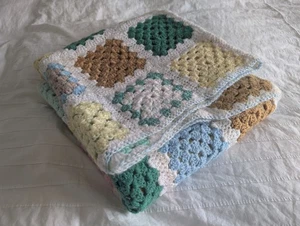 Vintage Hand Crochet Multicolour Granny Square Throw Blanket 120cm x 90cm - Picture 1 of 4
