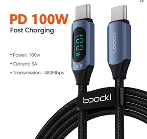 1m Toocki 100W Ladekabel USBC to Type C Schnellladekabel mit Display CE RoHS FCC - Bild 1 von 5
