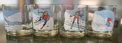 Juego 4 vasos de beber Ashby Comics dibujos animados esquí Shott Geandesprung de colección años 70  Foto 1 de 4