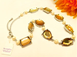 NWT LIA SOPHIA FAUX PEARL FACETED AMBER COLORED RHINESTONE FASHION NECKLACE 19" - Picture 1 of 6