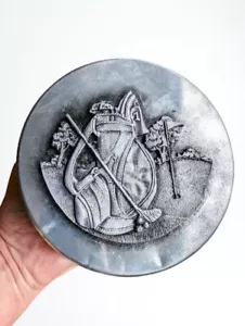 Pewter Trinket Box Metzke Round Metal Vintage 3D Golf Design 80's 8" - Picture 1 of 7