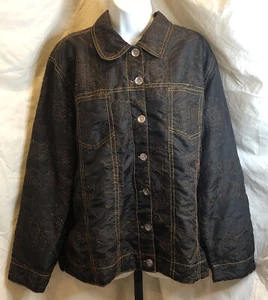 Karen Hart Jacket Sz XL Brown Beaded Floral Button Up Linen Blend - Picture 1 of 8