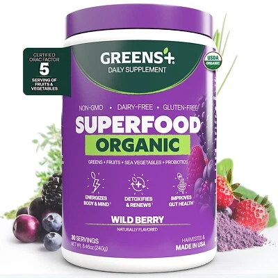 Greens+ Organic Superfood Wild Berry | Vegan Greens Powder | 8.46oz | 240 G - Image 1 of 4