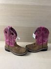 Smoky Mountain Brown/Pink Leather Square Toe Pull On Western Boots Girls Size 11