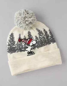 American Eagle AEO Holiday Snoopy Winter Ice Skating Pom Pom Top Beanie Hat NEW - Picture 1 of 3