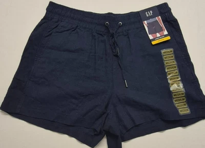 NUEVO CON ETIQUETAS Gap Mujer Azul Marino Mezcla de Lino Pull-on Cordón Bolsillo Pantalones Cortos Talla. M Foto 1 de 4