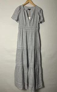 Quince Dress Womens Small Blue Pinstripe European Linen Maxi Tiered Short Sleeve - Picture 1 of 11