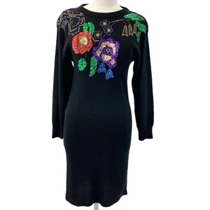 VTG 80s Beaded Sweater Dress Womens Small Mister Noah Sequins Feminine Ramie - Picture 1 of 8