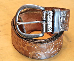 Fossil Bronze Metallic Floral Stamp Genuine Leather Belt Boho Dress Western Sz L - Picture 1 of 12
