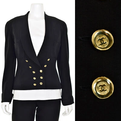 Chaqueta De Colección Años 90 CHANEL Doble Pecho Logo CC Botón en Lana Negra talla 38 F/6 EE. UU. Foto 1 de 4