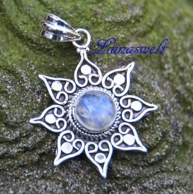 Mondstein Silberanhänger Sonne  Anhänger in 925 Silber am Band Indien - Bild 1 von 3