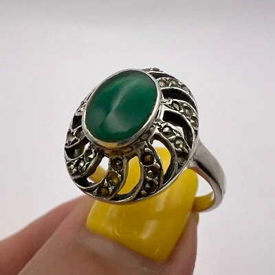 Anillo de plata de ley 925 para mujer joyería vintage piedra ágata verde marcasita Foto 1 de 4