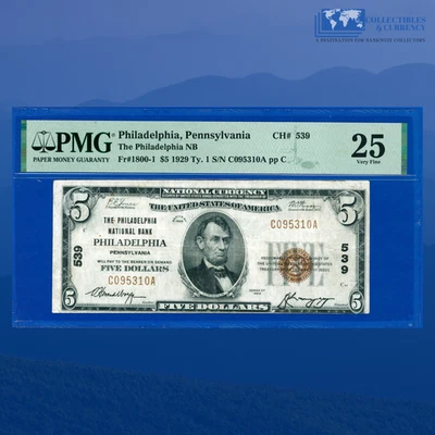 1929 $5 National Bank PHILADELPHIA, PA, Charter #539, PMG VF 25 - Image 1 of 3