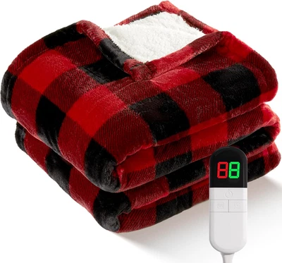 Electric Heated Sherpa Buffalo Plaid Christmas Throw Blanket with 8 Heating Leve - Image 1 of 4