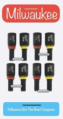 Paquete de 8 destornilladores de tuercas magnéticas con inserción de impacto Milwaukee SHOCKWAVE 1/4" 5/16" Foto 1 de 2