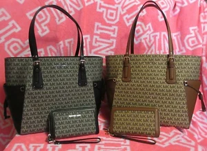 Michael Kors Jacquard Signature Voyager East West Tote & Double-Zip Wallet Set - Picture 1 of 25