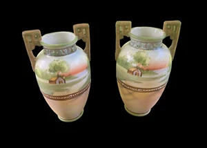 1974 Antique Pair Nippon Vases Scenic Hand Painted Cottage Scene Mantle Décor - Bild 1 von 16
