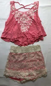 Chiffon Tank Top & Crochet Shorts Set w/necklace Pink Girls Knit Works X Large - Picture 1 of 6