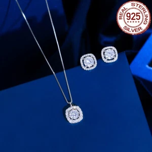 CZ Quadrat Anhänger Halskette Ohrring 925 Sterling Silber Mode Marke Schmuck Set - Bild 1 von 6