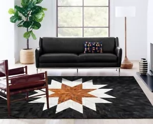 Hand Woven Natural Cowhide Hair on Patch Work Leather Modern Carpet Room Sizes. - Picture 1 of 8