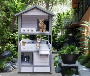 3-Story Outdoor Cat House, Weatherproof Outside Feral Cat Shelter for Multiple - Picture 1 of 11