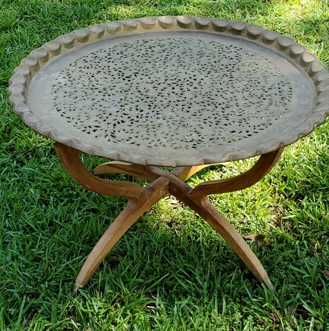 Vintage Brass top coffee table with wood spider legs Mid Century Cut-out Cover
