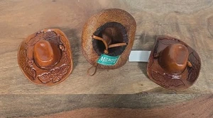 Three Mini Western COWBOY HAT LEATHER tooled Christmas Ornament Decor, Doll Hat - Picture 1 of 7