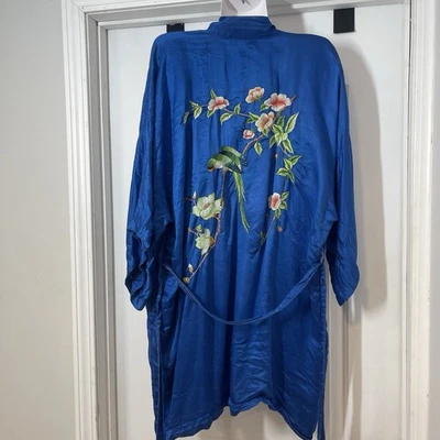 Antigo quimono pavão XL 100% seda roupão bordado à mão papagaio pássaro flor floral - Imagem 1 de 4