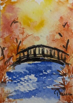 Fall Bridge - Original ACEO or ATC Unmatted watercolor miniature painting - - Image 1 of 4