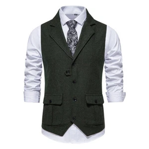 Men's Tweed Slim Fit Vests Wool Jackets Single Breasted British Style Waistcoats - Picture 1 of 22