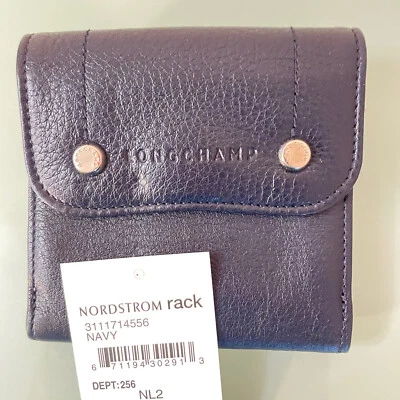 Longchamp Doble Plegable Compacto AZUL Cuero Billetera Botones Dorados ID Tarjeta de Crédito NUEVO Foto 1 de 4