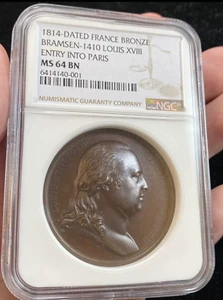 NGC MS64BN France 1814 Bramsen King LOUIS XVIII Entry Into Paris Bronze Medal - Picture 1 of 2