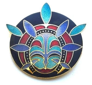 Broche Máscara Tribal Tono Dorado Esmalte Barbara Lavallee Vintage Años 80 Artique Ltd. Taiwán - Imagen 1 de 5