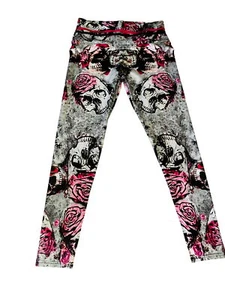 Skull & Rose Pattern Leggings Stretchy Large Punk Rock Sexy Gym Goth Yoga Pants - Picture 1 of 4
