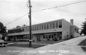 RPPC St. Johns lutherische Pfarrhalle Schule Edgerton, WI Mid-Century Modern 1950er - Bild 1 von 2