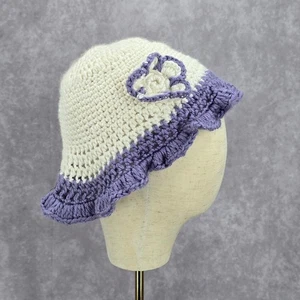 Vintage Y2K Crochet Festival Kawaii Purple White Knit Beanie Floral Funky Hat - Picture 1 of 4