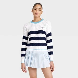 Women's Striped Cable Knit Pullover Sweater - All In Motion White S - Picture 1 of 5